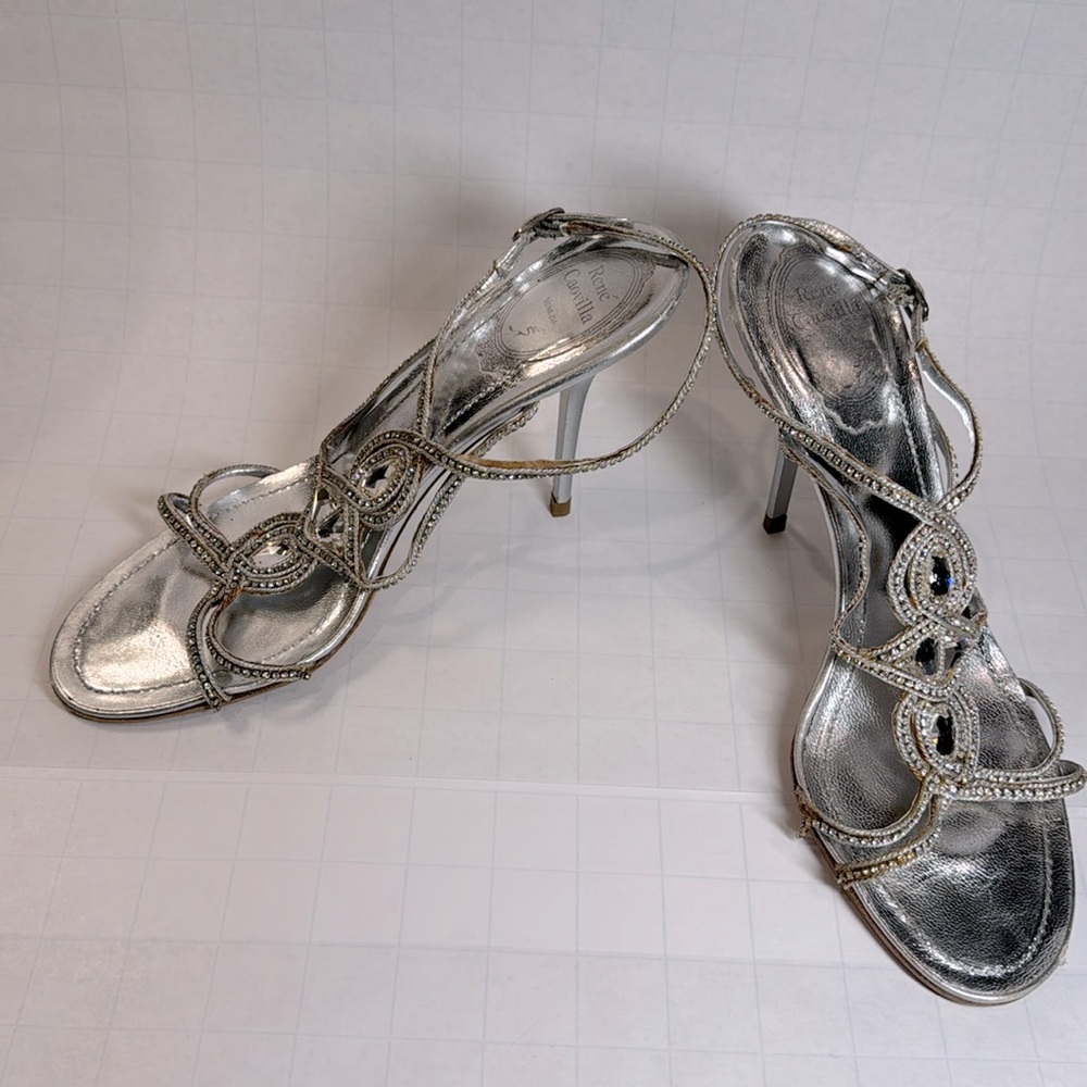 Rene Caovilla Elegant Silver, Crystal, and Rhinestone High Heel Sandals